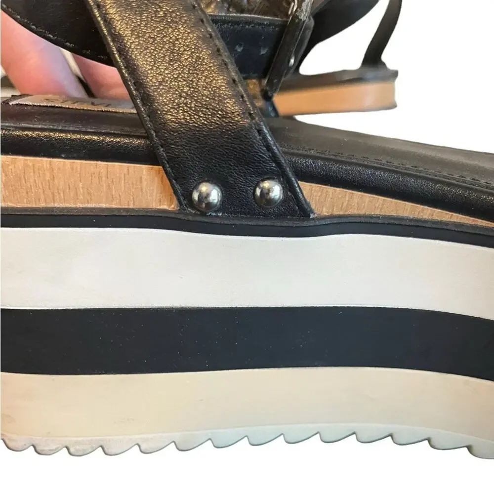 STEVE MADDEN Marco Black/White Leather Platform Ankle‎ Strap Sandal Size 10